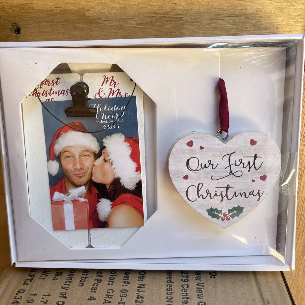 Wood Mini Photo Holder and Heart Ornament First Christmas as Newly Weds